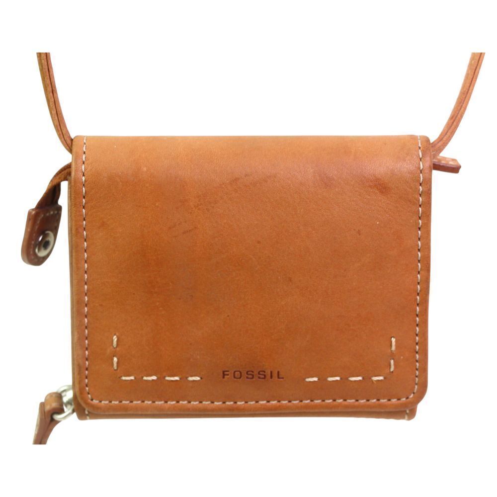 FOSSIL TAN BROWN REAL LEATHER THREEFOLD X-BODY CLUTCH WALLET ID CARD WRISTLET